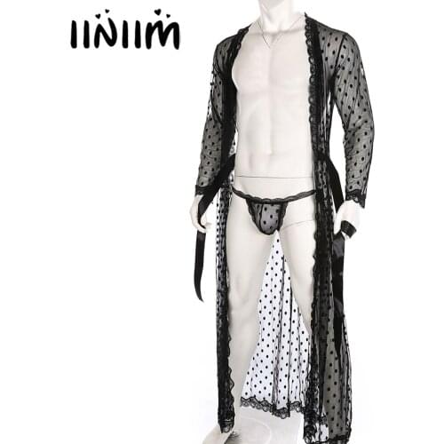 Men Dot Exotic Lingerie Nightwear See-through Mesh Lace Trim Kimono Bathrobe Belted Night-Gown with Lace-up G-string Babydolls