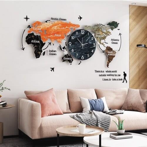 Color Paiting Acrylic Wall Clock Creative World Map Wall Hanging Clock Wall Clock With World Map For Home Living Room No Battery