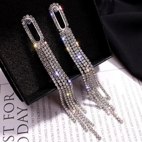 2021 New Trendy Rhinestone Crystal Long Tassel Earrings for Women Bridal Luxury Wedding Dangle Drop Earrings Party Jewelry Gifts