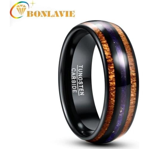 New 8mm Acacia Wood Lapis Lazuli Electric Black Mens Tungsten Steel Ring Wedding Jewelry