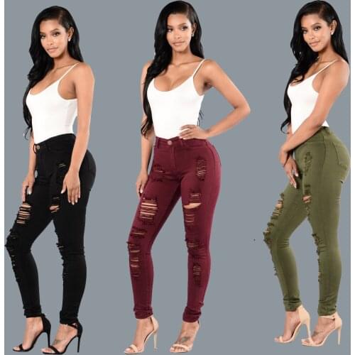New Destroy Wash Women Jeans Plain Color Front leg cutting hole Stretchable Fabric Knee-Length Skinny Famale Girls Casual Pants