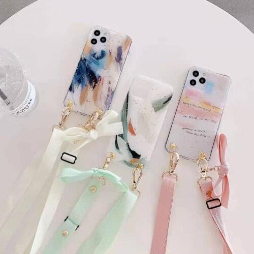 Girls Fresh Ribbons Hanging Rope Painting Flake Lanyard Phone Case For iPhone 11 12 Mini Pro 7 8 Plus X Max XR
