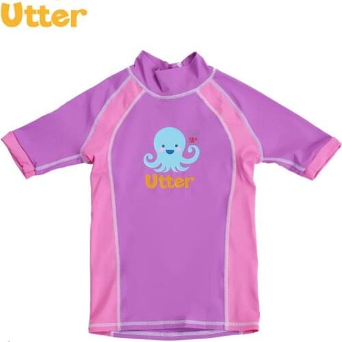 UTTER Baby Girl Clothes Cartoon Printing Pink Short Sleeve T-shirt Swimwear Rash Guard for Children Beach Swimming Clothing