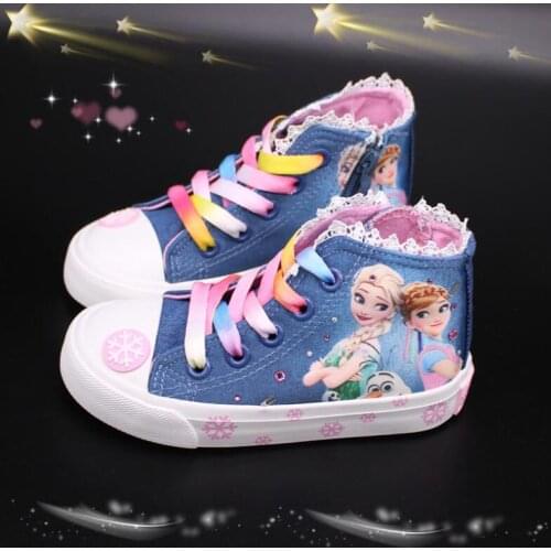 Disney Girls canvas Shoes Cartoon Frozen Girls Hight-top Canvas Shoes Anti-slip Korean style Casual sneakers Lace-up