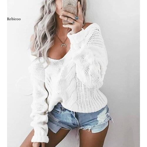 Sexy V Neck Hollow Out Loose Knitted Sweater Tops Autumn Womens Streetwear Pullover Sweaters
