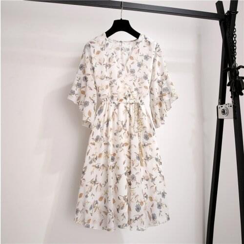 Summer Chiffon Womens V-Neck Print Dresses Elegant Ruffle Sleeeve Slim New 2021 Casual Drawstring Ladies Vacation Dress