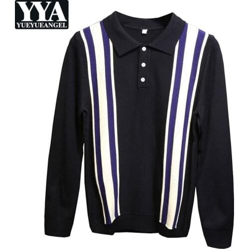 Spring Autumn Long-Sleeve Pullover Sweaters Men Lapel Single-Breasted Striped Mixed Color Slim Fit Knitting Tops England Style