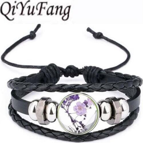 Qiyufang Newest Color Jewelry Vintage Glass Collares Dry Flower Statement bracelet bangle for Women Christmas Gift 2017