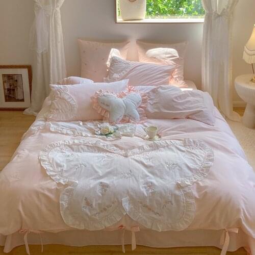 Princess Style Luxury Bedding Set Butterfly Embroidery Pink Duvet Cover 220x240 Cotton Double Bed Linen Sheet Set Queen KingSize