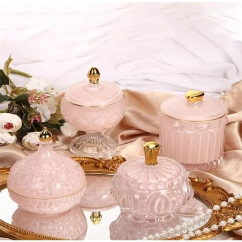Pink Relief Glass Jars Smoke Censer Holder Household Jewelry Cotton Swab Box Candy Pots Jewelry Storage Jar Home Decoration