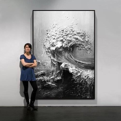 Hand-painted abstract oil painting Black ＆ white Sea Waves Mural Thick texture Canvas paintings Villa living room Entrance Art