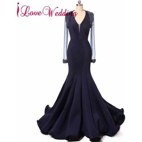 Sexy Evening Dresses Long Sleeves Dubai Formal Dresses Custom made Elegant Long Sexy V Neck Trumpet Evening Gown
