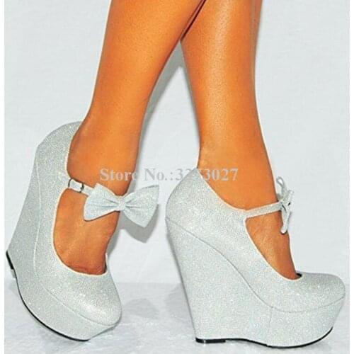 Bling Silver Color Bowtie Wedge Shoes Women Fashion Ankle Buckle Platform Pumps Shoes Lady Real Photos Party Shoes Dropship