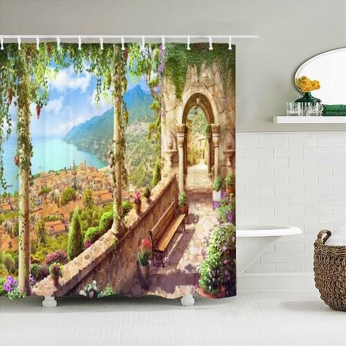 Garden landscape Shower Curtain with Hooks Waterproof Polyester Fabric Sea Seaside Flower Scenery Bathroom Curtain Home Decor