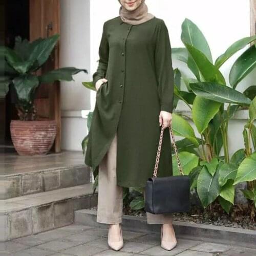 ZANZEA Women Full Sleeved Muslim Blouse Islamic Clothing Fashion Buttons Down Solid Long Blouse Tops Kaftan Casual Solid Blusas