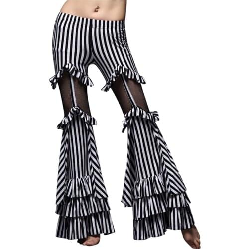 2018 Tribal Belly Dancing Clothes Stripe Trousers Gypsy Dance Flare Trousers Cotton with Mesh Women Belly Dance Pants