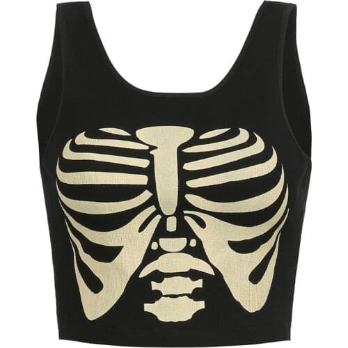 Women Gothic Punk Sleeveless Crop Top Harajuku Funny Sternum Breastbone Print Mini Vest Skeleton Graphic Slim Shirts