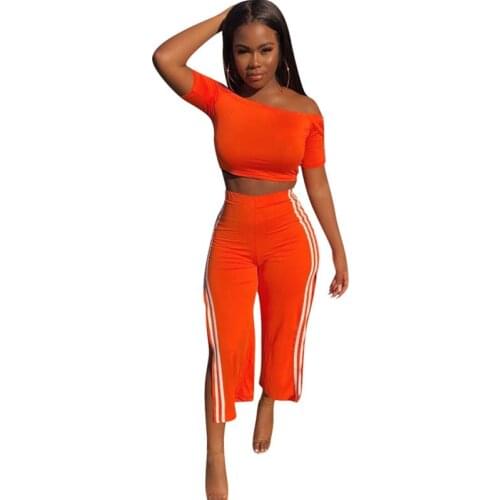 Side Striped Sexy Two Piece Sets Women Slash Neck Off the Shoulder Crop Top + Split Ankle-length Pants Casual Sweat Suit Outfits