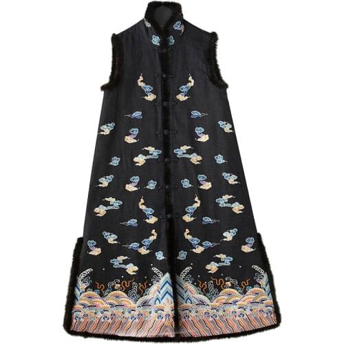 Womens Vest Autumn And Winter New Retro Down Cotton Embroidered Chinese Style Single-Breasted Wool Waistcoat Plus Size M-3XL