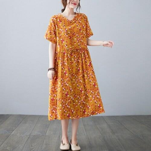 Women Summer Cotton Linen Casual Dress New Arrival 2021 Vintage Style V-neck Floral Print Loose Female A-line Long Dresses B448