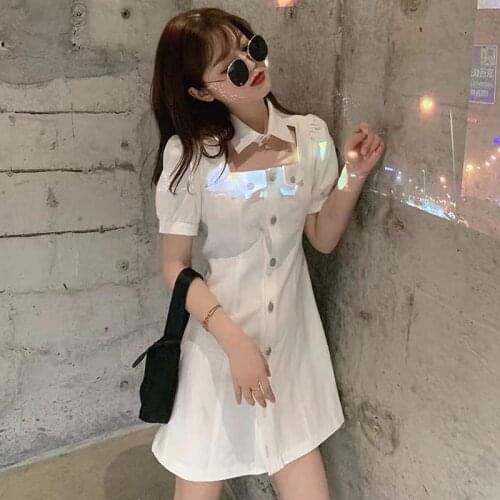 Short Sleeve Dress Womens Summer 2021 New Fashion Puff Sleeve Slim Waist Black Hole Bust Dresses