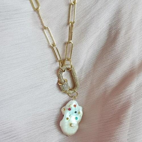 Pave Spira Screw Lock Clasps Accessorie women pendant necklace crystal baroque natural freshwater pearl fashion chain jewelry