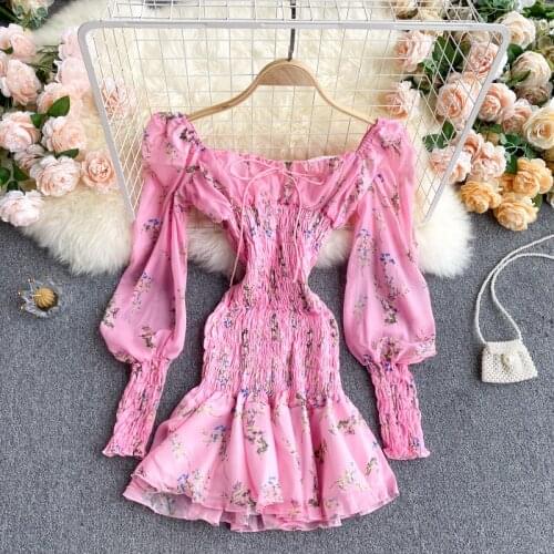 French Sweet Women Pink Dresses 2021 Spring Autumn Vintage Square Neck Lantern Sleeve Elastic Girls Pleated Printed Vestidos