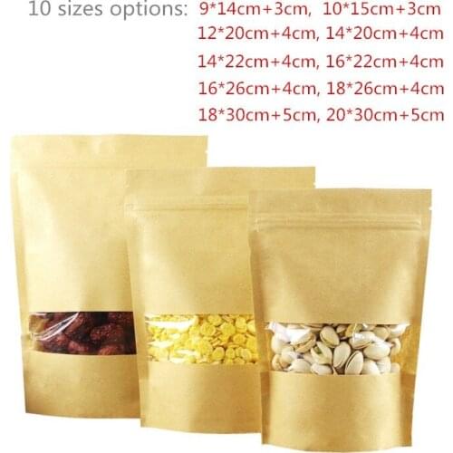 100pcs/lot- Zipper top stand up Kraft paper bag with clear window for dried food nuts candy packaging Party Gift bags