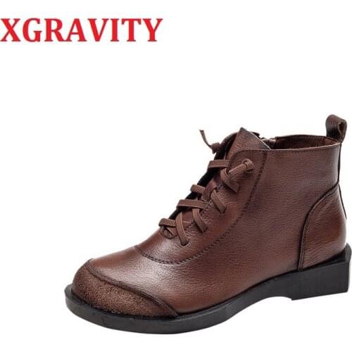XGRAVITY New Genuine Leather Hand-made Cow Leather Round Toe Flat Boots Casual Comfortable Ladies Boots Leisure Shoes Lady S130