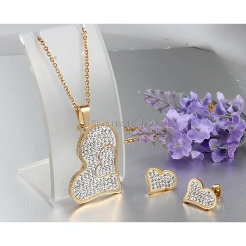 Sweet Heart design Gold Stainless Steel Full Cubic Zircone Pendant & Earring Necklace Chain Best Quality For Women Jewelry Set