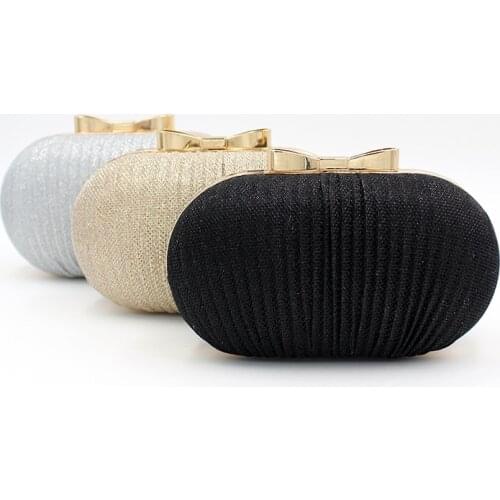 Black Silver Lady Evening Clutch Bag Wedding Shiny Handbags Bridal Metal Bow Bling Women Pouch Chain Shoulder Bag