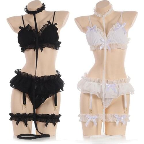 White Black Sheer Lingerie Sexy Hot Erotic Lace Bra And Panty Set With Collar Leg Rings For Women Japanese Cute Babydoll Outfit