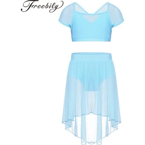 Children Girls Two-Piece Mesh Splice Ballet Dance Gymnastics Outfits Crop Tops with Wrap Tutu Skirt Jazz Lyrical Dance Costumes