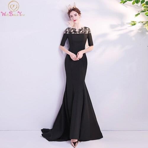 Elegant Long Black Mermaid Evening Dresses 2020 Lace Applique Sheer Neck Half Sleeve Sweep Train Prom Gown Walk Beside You
