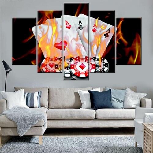 HD Printing 5 Panel Poker Fire Picture Modular Wall Artist Residence Decoration Poster Living Room Modern Painting Canvas Frame