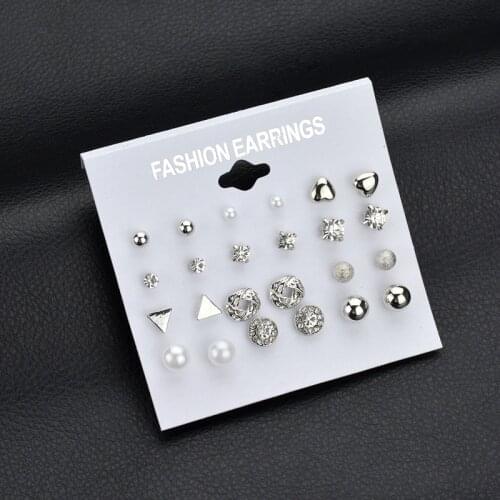 Modyle Memory Gold Color Crystal Stud Earrings Set 12 Pairs Trendy Square Ball Heart Small Earrings Women Christmas Earring