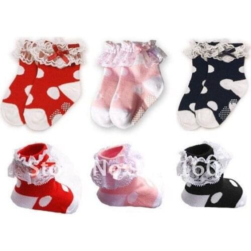 Wholesale lace bowknot Girls socks cotton dot baby socks red , pink ,dark blue 24pair /lot