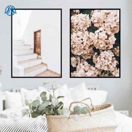Boho Stairs Door Posters Prints Hydrangeas Pink Canvas Painting Nordic Flower Wall Pictures For Living Room Prints Home Decor