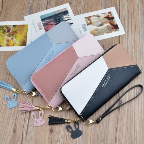 Geometric Luxury Brand Women Leather Wallets Long Zipper Tassel Design Coin Purses Clutch Female Patchwork Credit Card Holder