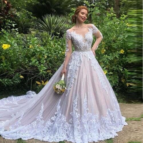 Luxury Princess Lace Wedding Dresses Illusion Long Sleeve Crystal Belt Buttons Back Wedding Gowns With Skirt robe de mariage