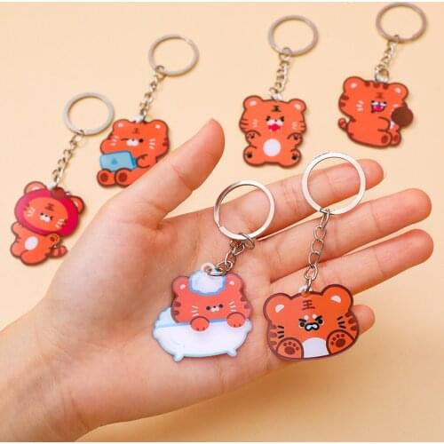 Random 1pcs Cute Little Tiger Keychain Cartoon Girl Bag Acrylic Decoration Small Pendant Car Key Ring Key Chain