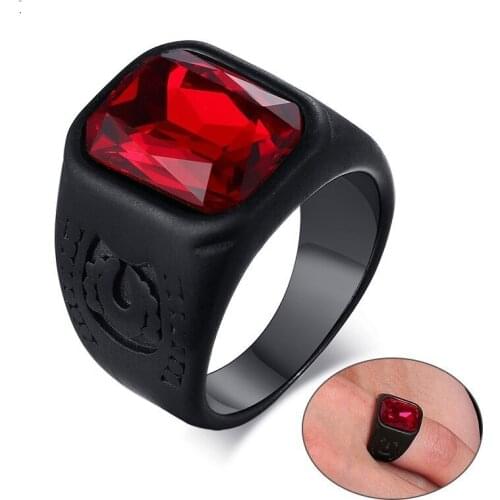 Stylish Mens Red Crystal Signet Biker Ring Black Stainless Steel anel masculino