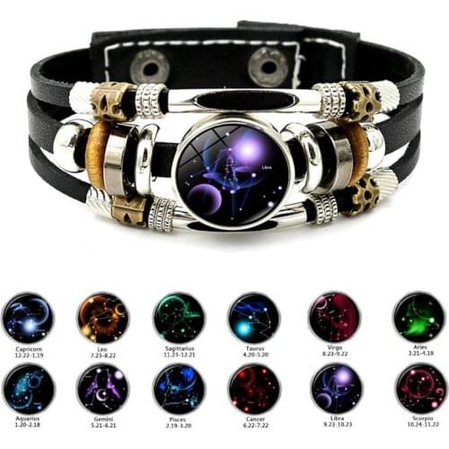 Luminous 12 Constellation Bracelet Men Zodiac Sign Snap Button Vintage Multilayer Punk Leather Bracelets for Women Birthday Gift