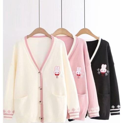 New Spring Autumn Girl Sweet Lolita Cute Bunny Embroidery Knitted Sweater Japanese Women Long Sleeve Cardigan Coat Knitwear