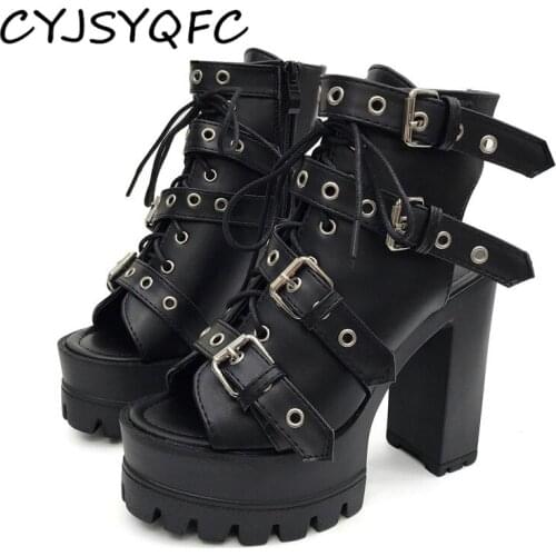 CYJSYQFC Punk Goth Style Slingback Platform Womens Sandals Metal Decoration Open Toe Ankle Strap Lady Shoes Black Soft Leather