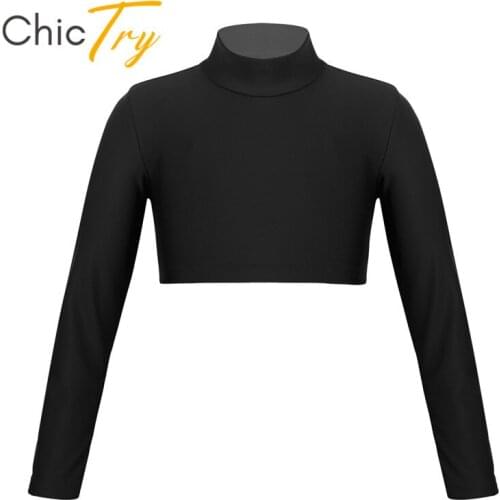 ChicTry Kids Teens Long Sleeve Sports Ballet Gymnastics Crop Top Children Girls Solid Color Jazz Stage Performance Dance Costume