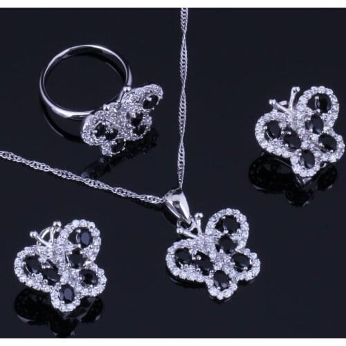 Superior Butterfly Black Cubic Zirconia White CZ Silver Plated Jewelry Sets Earrings Pendant Chain Ring V0998