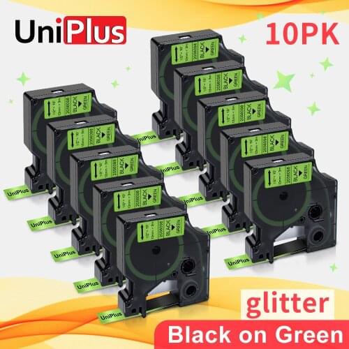 UniPlus 10PK Compatible Dymo Tape D1 12mm Black on Glitter Green Shiny Labeling Tape for Dymo Label Printer LabelManager 360D