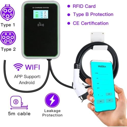 220-240V Single Phrase EV Charger Wallbox with RFID Card Control Type1 5Pins Charging Plug 7.2kw SAE J1772