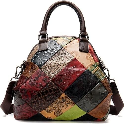 Women Crossbody Bag Fashion Soft Shoulder Bag Genuine Leather Women Handbags Patchwork Ethnic Bag Tribal Retro Luxury Top-handle